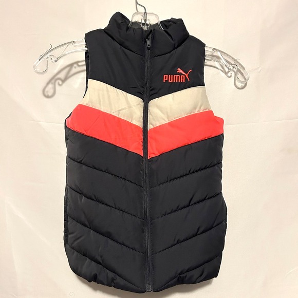 Puma Puffer Vest Full Zip Sleeveless Pink White Black Girls Kids Size Small 6 - Picture 1 of 5